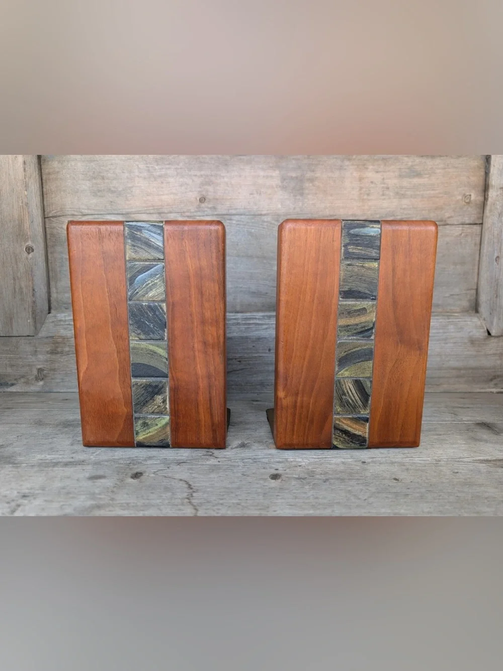 MCM Gordon & Jane Martz Marshall Studios Walnut Ceramic Tile Bookends Pair